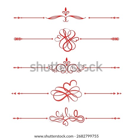 Collection of elegant red decorative line dividers with ornate calligraphic flourishes and vintage elements, perfect for text separators and design embellishments.