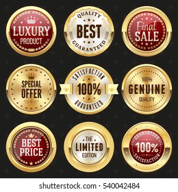 Collection of elegant red and gold design elements - buttons, badges, labels