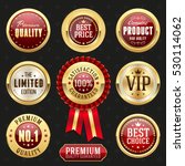 Collection of elegant red and golden design elements - buttons, badges, labels