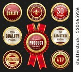 Collection of elegant red and golden design elements - buttons, badges, labels