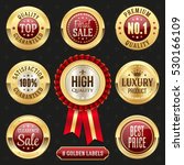 Collection of elegant red and golden design elements - buttons, badges, labels