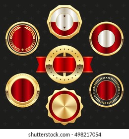 Collection of elegant red and golden design elements - buttons, badges, labels
