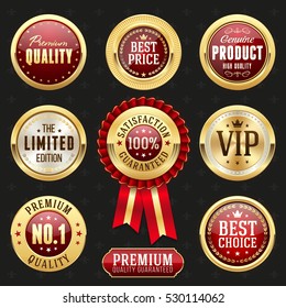 Collection of elegant red and golden design elements - buttons, badges, labels