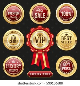 Collection of elegant red and golden design elements - buttons, badges, labels