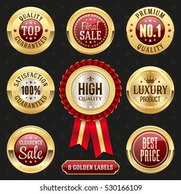 Collection of elegant red and golden design elements - buttons, badges, labels