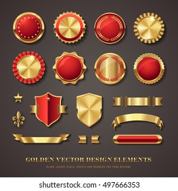 colección de elegantes elementos de diseño vectorial rojo y dorado - focas, etiquetas, medallas, crestas, banners, estrella y fleur de lis