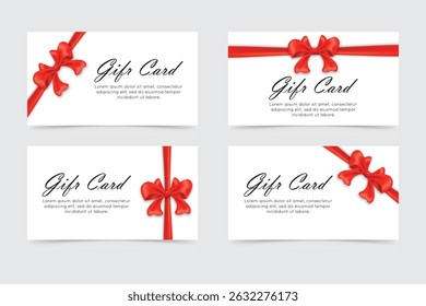 Collection of elegant red ribbon gift card designs with decorative bows in multiple arrangements.