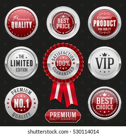 Collection of elegant red and silver design elements - buttons, badges, labels