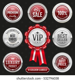 Collection of elegant red and silver design elements - buttons, badges, labels