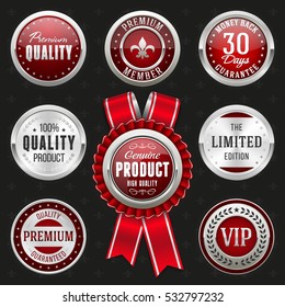 Collection of elegant red and silver design elements - buttons, badges, labels