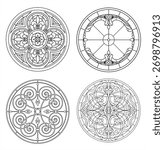 Collection of elegant round stained glass window designs with geometric and floral patterns in classic style. Decorative circular motifs perfect for architectural projects, interior decor, coloring pa