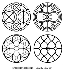 Collection of elegant round stained glass window designs with geometric and floral patterns in classic style. Decorative circular motifs perfect for architectural projects, interior decor, coloring pa