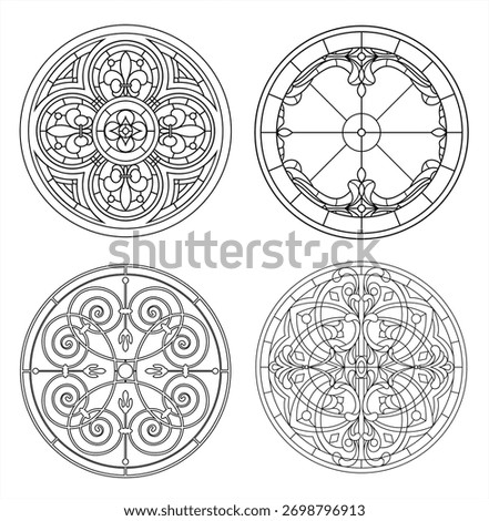 Collection of elegant round stained glass window designs with geometric and floral patterns in classic style. Decorative circular motifs perfect for architectural projects, interior decor, coloring pa