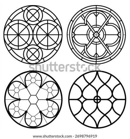Collection of elegant round stained glass window designs with geometric and floral patterns in classic style. Decorative circular motifs perfect for architectural projects, interior decor, coloring pa