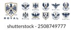 Collection of elegant royal eagle logos and emblems set featuring a crown. Perfect for premium branding, insignias, and vector design elements.