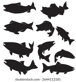 A collection of elegant salmon fish  shilouette in various dynamic poses, perfect for use in wildlife themed design, nature inspired projects, minimalist graphics composition,digital print etc