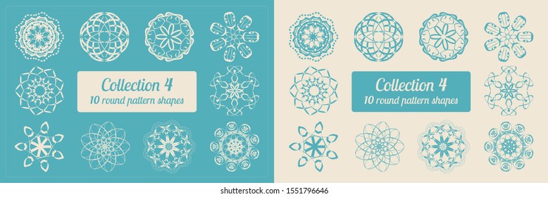 Collection №4. Elegant set of 20 round pattern shapes. Vector eps10, isolated, separated layers. Universal elements for art science nature projects.
