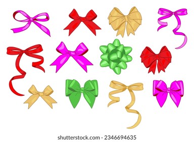 Collection of elegant silk bows of different colors and shapes. Set of beautiful satin holiday decorative elements, shiny festive gift decorations. Vector realistic illustrations isolated on white