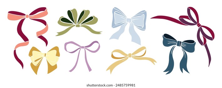 Collection of elegant silk bows of different colors and shapes. Set of beautiful satin holiday decorative elements, festive gift decorations. Vector hand drawn flat illustrations on white background.