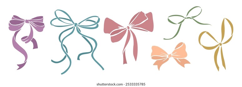 Collection of elegant silk bows of different colors and shapes. Set of beautiful satin holiday decorative elements, festive gift decorations. Vector flat illustrations on white background.