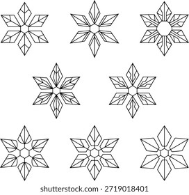 Coleção de elegantes desenhos de flocos de neve e padrões geométricos de estrelas