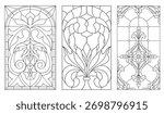 Collection of elegant stained glass window textures in classic vintage style. Decorative floral and ornamental line art designs perfect for architectural projects, interior decoration, invitations, co