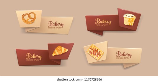 Collection of elegant tape or ribbon banners with delicious pastry or baked products - pretzel, muffin, croissant, waffle. Colorful decorative elements. Vector illustration for bakery promotion.