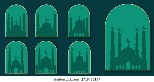 Una colección de elegantes siluetas de mezquita de color verde azulado con arcos dorados, lunas de media luna y minaretes, perfecto para tarjetas de felicitación islámicas y Anuncios de Ramadán.