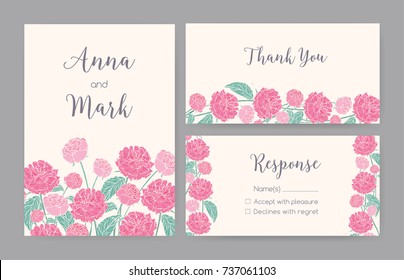 Collection of elegant templates for Save the Date card, wedding invitation or thank you note with hand drawn roses, gorgeous blooming garden flowers, floral decorations. Natural vector illustration.