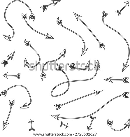 Collection of elegant thin line decorative arrows and pointers with feathered tails in a minimalist hand-drawn style isolated on a white background