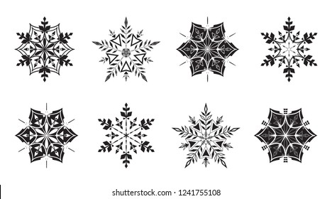 Collection of elegant tracery elements for illustration of pattern, lace, snowflake and winter ornament. Carved silhouette flat icon, simple vector design.