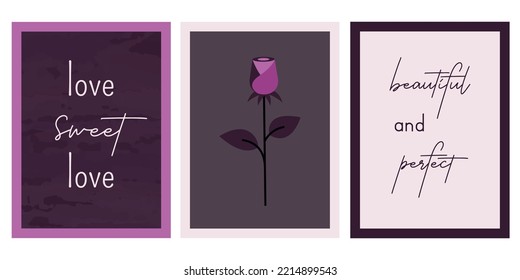 Collection Of Elegant Trendy Lettering And Beautiful Rose. Fashion Modern Posters. Vector Illustration For Valentine's Day, Holidays, Gift, Romantic Dinner, Party, Wedding, Dating