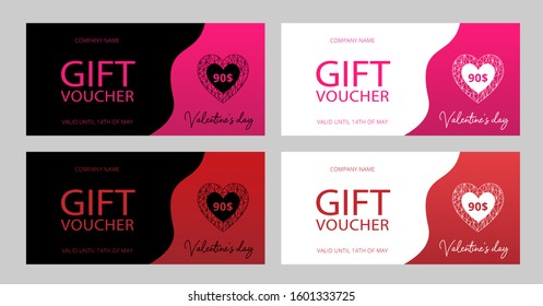 Collection of elegant Valentine day gift vouchers with gradient pink and red wavy elements and hexagon hearts. Vector dark and light discount coupons. Standard scaled size: 210*99 mm (8,3*3,4 in)