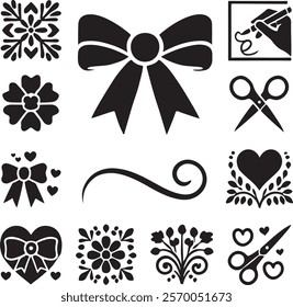 A collection of elegant Valentine-themed icons featuring bows, hearts, floral motifs, scissors, and decorative elements, perfect for crafting, gift wrapping, romantic designs, and DIY projects.