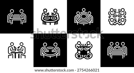 A collection of elegant vector icons illustrating people at tables, perfect for representing business meetings, teamwork, collaboration, dining, or social gatherings. Versatile for corporate, hospital
