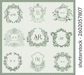A collection of elegant vintage crests and monogram with intricate floral and ornamental designs, perfect for wedding invitations, luxury branding, boutique logos, and sophisticated stationery.