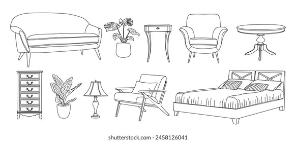 Collection of elegant vintage furniture and home interior decorations in trendy mid century modern style hand drawn black ink sketch isolated on white background. Monochrome vector illustration.