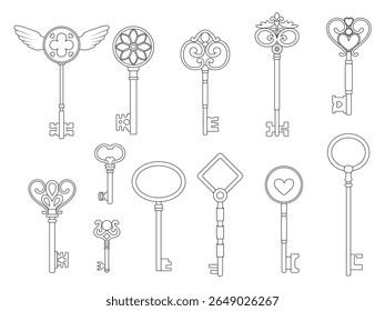 Coleção de elegantes vintage chaves em contorno preto e branco. Ótimo para livros de colorir, desenhos com temas antigos, ilustrações de fantasia, conceitos de mistério ou projetos decorativos.