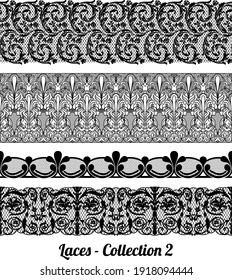 Collection of elegant vintage style fabric embroidered laces. Vector stock illustration. black on white background, isolated.