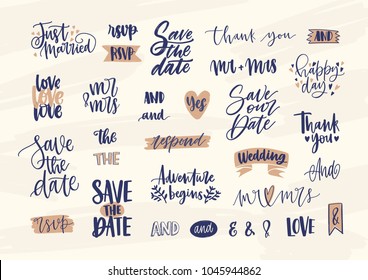 Collection of elegant wedding lettering or inscriptions handwritten with calligraphic font. Set of phrases, words, ampersands decorated with cute romantic elements. Hand drawn vector illustration.