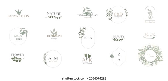 Collection of elegant wedding logo, hand drawn watercolor greenery leaf, delicate monogram set