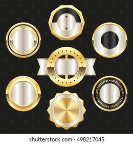 Collection of elegant white and golden design elements - buttons, badges, labels
