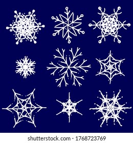 Collection of elegant white snowflakes on a blue background, isolated decorative elements for new year and Christmas design, vector