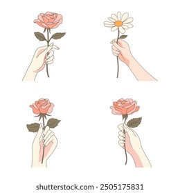 Collection of Elegant Woman Hand Holding Daisy Rose Flower Floral Stalk