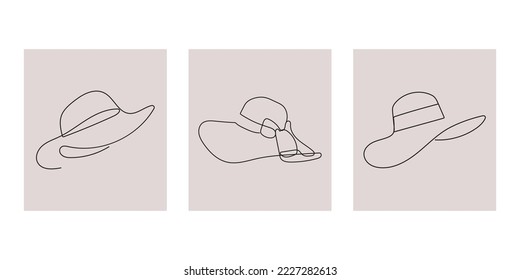 Collection of elegant women Hats in one continuous line drawing style. Minimalist female sun hat, panama with ribbon decoration. Hand drawn vector illustration.