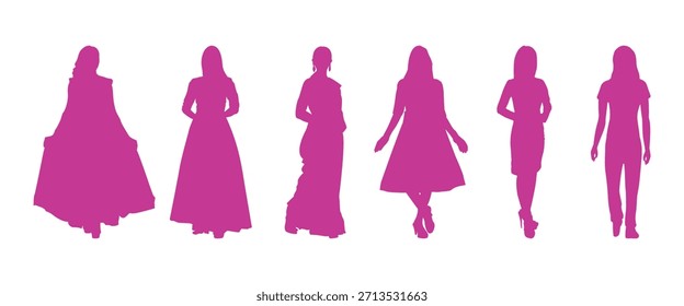 Collection of elegant women silhouettes in various fashion poses.