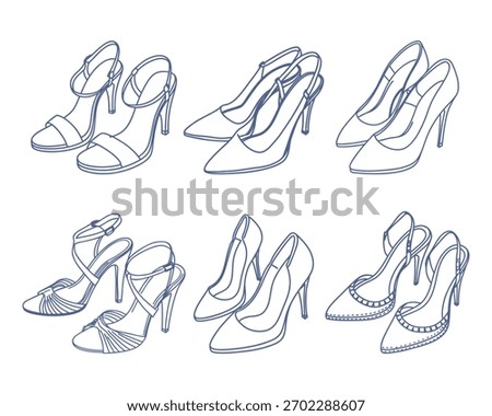 Collection of elegant womens high heels shoes. Sketch.