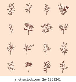 Collection of elegantly drawn florals and leaves, showcasing minimalist design for decorative or artistic purposes. 