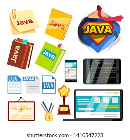 Collection Element Of Java Programming Set Vector. Sticker And Notebook, Smartphone, Laptop And Tablet, Certificate With Reward And Java Document File. Superman Body Isometric Cartoon Illustration