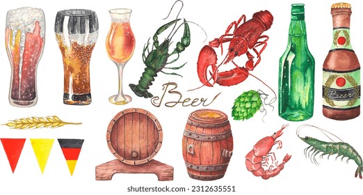 Collection of elements of beer, beer glasses, crayfish, shrimp. An approach to the Oktoberfest, the celebration of beer and other drinks.